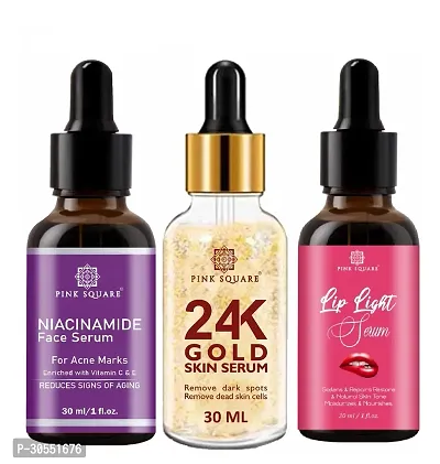 Pink Square Niacinamide Face Serum (Acne Marks), 24K Gold Facial Serum (Remove Dark Spots)  Lip Light Serum (Softens Lips) - (Each, 30ml) Combo of 3 Items