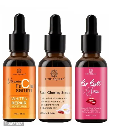 Pink Square Vitamin C Face Serum (Whiten Repair Moisturize), Face Glowing Serum (Illuminate Skin)  Lip Light Serum (Softens Lips) - (Each, 30ml) Combo of 3 Items