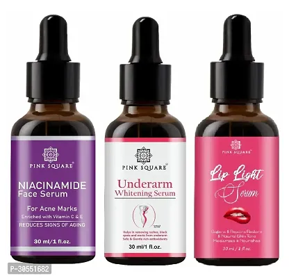 Pink Square Niacinamide Face Serum (Acne Marks),  Underarm Whitening Serum  Lip Light Serum (Softens Lips) - (Each,30ml) Combo of 3 Items