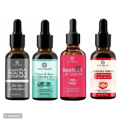 Pink Square Vitamin B3 Facial Serum, Elbow and Knee Brightening Serum, Beetroot Lip Serum  Dark Knuckle Serum (Each,30ml) - Set of 4 Items