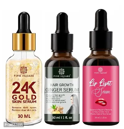 Pink Square 24K Gold Facial Serum (Remove Dead Skin Cells), Hair Growth Ginger Serum (Reduce Hair fall)  Lip Light Serum (Softens Lips) - (Each,30ml) Combo of 3 Items