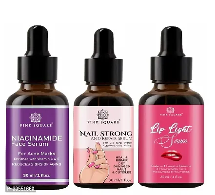 Pink Square Niacinamide Face Serum (Acne Marks), Nail Strong and Repair Serum (Nail Repair)  Lip Light Serum (Softens Lips) - (Each,30ml) Combo of 3 Items-thumb0