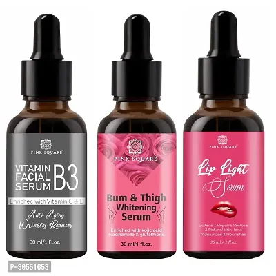 Pink Square Vitamin B3 Face Serum (Anti-Ageing), Bum and Thigh Whitening Serum  Lip Light Serum (Softens Lips) - (Each,30ml) Combo of 3 Items-thumb0