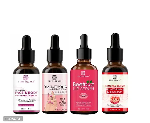 Pink Square Face and Body Whitening Serum, Nail Strong and Repair Serum, Beetroot Lip Serum  Dark Knuckle Serum (Each,30ml) - Set of 4 Items