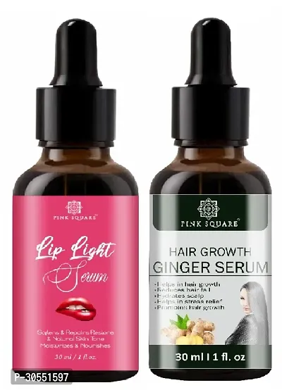 Pink Square Lip Light Serum (Softens Lips)  Hair Growth Ginger Serum (Reduce Hair-Fall) - (Each,30ml) Combo of 2 Items