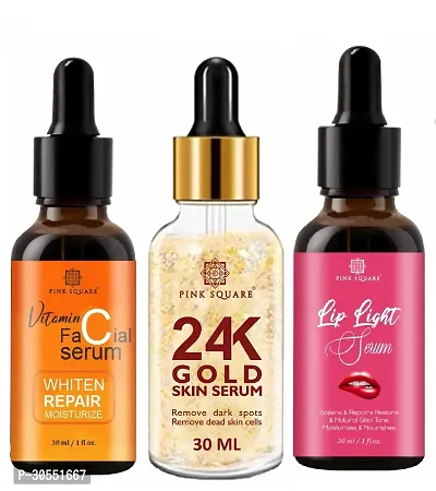 Pink Square Vitamin C Face Serum (Whiten Repair Moisturize), 24K Gold Facial Serum (Remove Dark Spots)  Lip Light Serum (Softens Lips) - (Each, 30ml) Combo of 3 Items-thumb0