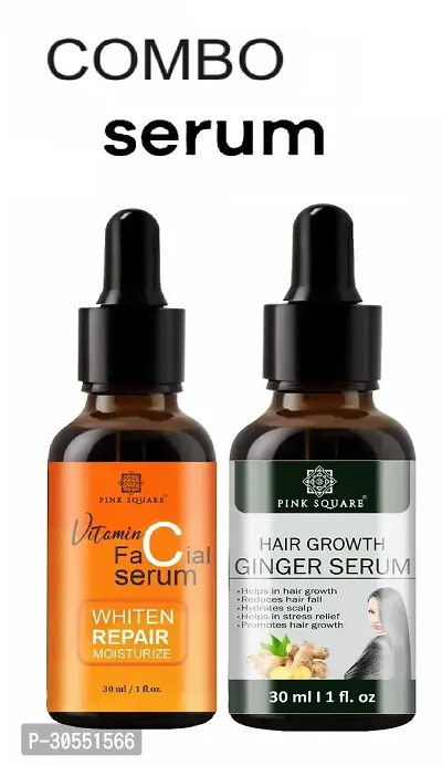 Pink Square Vitamin C Face Serum (Whiten Repair Moisturize)  Hair Growth Ginger Serum (Reduce Hair-Fall) - (Each,30ml) Combo of 2 Items-thumb0