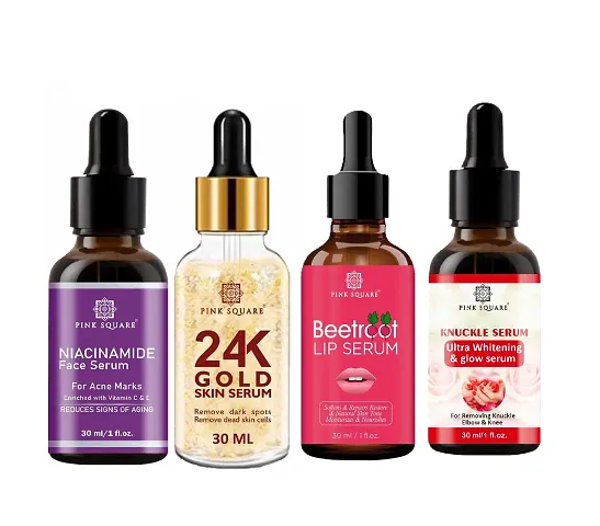 Pink Square Niacinamide Face Serum, Face Glowing Skin Serum, Beetroot Lip Serum  Dark Knuckle Serum (Each,30ml) - Set of 4 Items