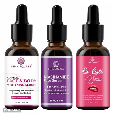 Pink Square Face and Body Whitening Serum (Brightening Skin),  Niacinamide Face Serum (Acne Marks)  Lip Light Serum (Softens Lips) - (Each, 30ml) Combo of 3 Items-thumb0