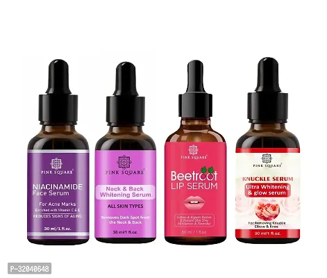 Pink Square Niacinamide Face Serum, Neck and Back Whitening Serum, Beetroot Lip Serum  Dark Knuckle Serum (Each,30ml) - Set of 4 Items