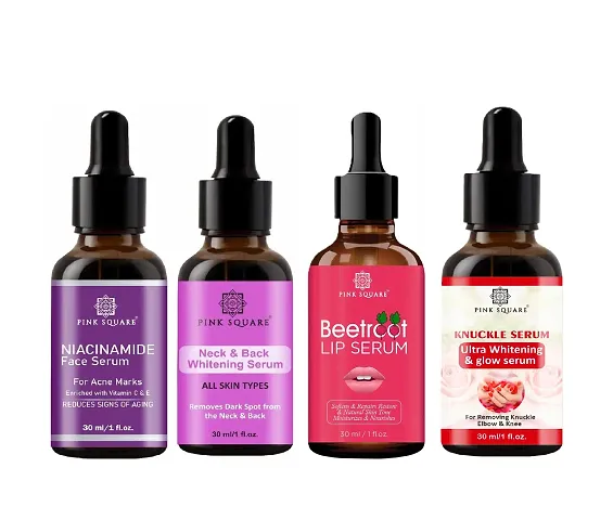 Pink Square Niacinamide Face Serum, Neck and Back Whitening Serum, Beetroot Lip Serum  Dark Knuckle Serum (Each,30ml) - Set of 4 Items