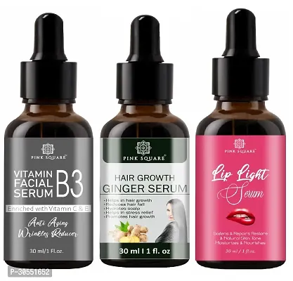 Pink Square Vitamin B3 Face Serum (Anti-Ageing), Hair Growth Ginger Serum (Reduce Hair fall)  Lip Light Serum (Softens Lips) - (Each,30ml) Combo of 3 Items-thumb0