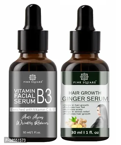 Pink Square Vitamin B3 Face Serum (Anti-Angeing)  Hair Growth Ginger Serum (Reduce Hair-Fall) - (Each,30ml) Combo of 2 Items