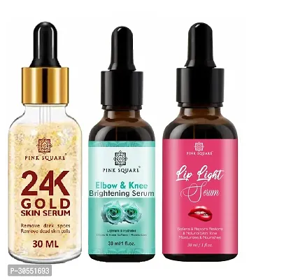 Pink Square 24K Gold Facial Serum (Remove Dead Skin Cells), Elbow and Knee Whitening Serum ( Lightens Skin)  Lip Light Serum (Softens Lips) - (Each,30ml) Combo of 3 Items-thumb0