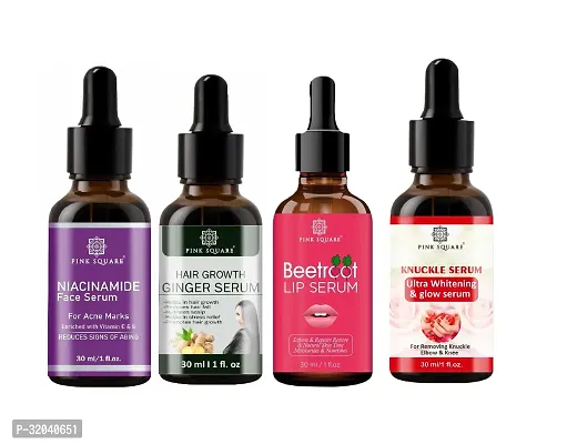 Pink Square Niacinamide Face Serum, Hair Growth Ginger Serum, Beetroot Lip Serum  Dark Knuckle Serum (Each,30ml) - Set of 4 Items