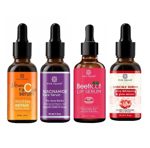 Pink Square Vitamin C Face Serum, Niacinamide Face Serum, Beetroot Lip Serum  Dark Knuckle Serum (Each,30ml) - Set of 4 Items