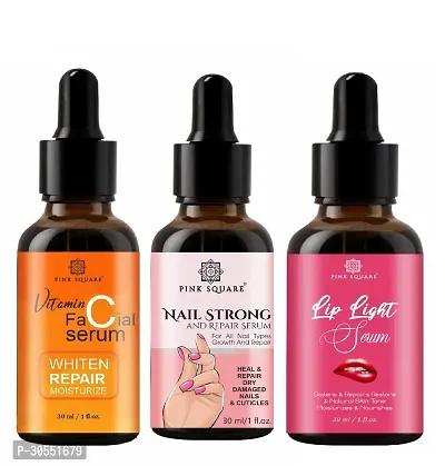 Pink Square Vitamin C Face Serum (Whiten Repair Moisturize), Nail Strong and Repair Serum (Nail Repair)  Lip Light Serum (Softens Lips) - (Each,30ml) Combo of 3 Items