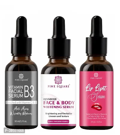 Pink Square Vitamin B3 Face Serum (Anti-Angeing), Face and Body Whitening Serum (Brightening Skin)  Lip Light Serum (Softens Lips) - (Each, 30ml) Combo of 3 Items