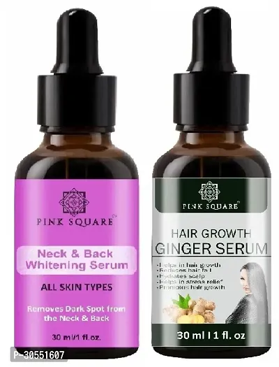 Pink Square Neck and Back Whitening Serum (Remove Skin Dark Spot)  Hair Growth Ginger Serum (Reduce Hair-Fall) - (Each,30ml) Combo of 2 Items