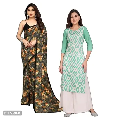 SmittenSmit Georgette Saree and Crepe Kurti size (L) Combo (Pack of 2)-thumb0