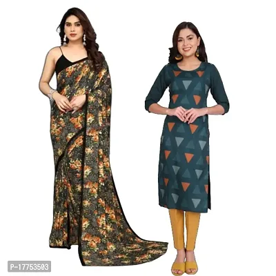 SmittenSmit Georgette Saree and Crepe Kurti size (XL) Combo (Pack of 2)