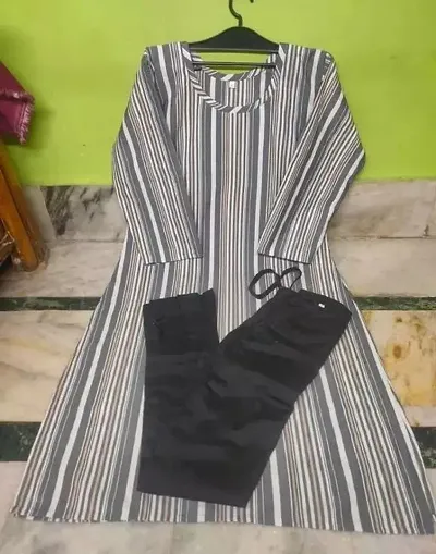 Trendy Straight Striped Khadi Cotton Kurta Bottom Set