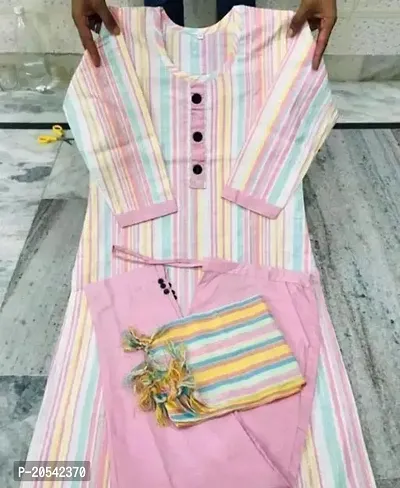Stylish Cotton Multicolored Striped Kurta Pant With Dupatta Set For Women