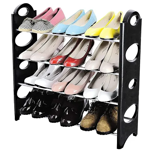 plastic Shoe Rack Easy to Assemble 4 Shelves, 12 Pair Hard Plastic Shoe Rack, Black