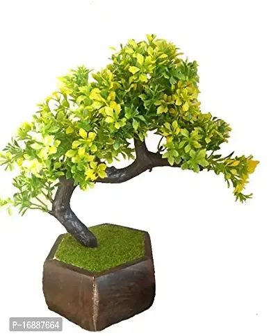 SOFIX Bonsai Wild Plant Artificial Plant for Home Decor with Wooden Pot - 20 cm (Yellow)