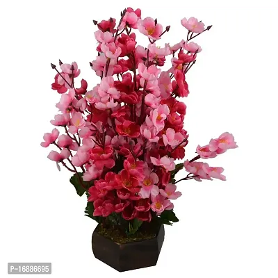 SOFIX Beautiful Artificial Peach Blossom Flowers Bunch with Pot for Home Decor - 40 cm - (Red Pink)