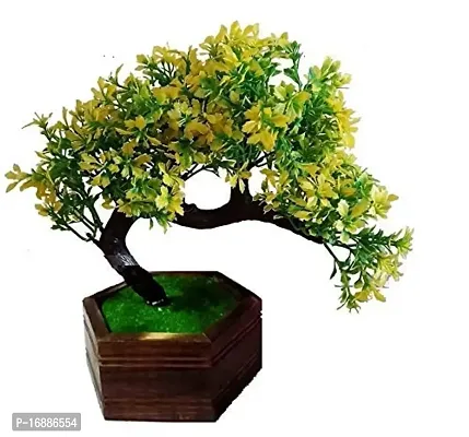 Sofix Decorative Artificial Bonsai Plant Wild Tree for Indoor Decoration with Wooden Pot Natural Looking Bonsai Plant 20 cm (Yellow)