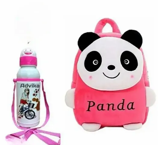 Miss India Pink Panda Heasd Up Kids Backpack With Free Water Bottle|Soft Velvet Fabric Kids School Bag/Nursery/Picnic/Carry/Travelling School Bag-(2-5 Years Age)