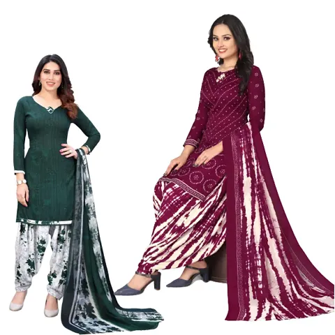 Stylish Multicoloured Crepe Printed Dress Material with Bottom and Dupatta - Pack Of 2