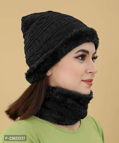 TATMIN Women Wool Knitted Balaclava Beanie Cap for Winter Wear Free Size (Balaclava Beanie Cap) (Black)-thumb4