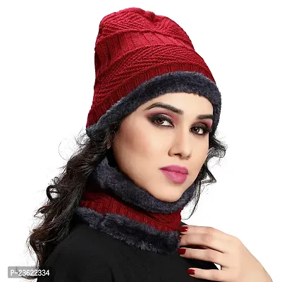 Satya Sita Winter Knit Neck Warmer Scarf and Set Skull Cap for Men Women/Winter Cap for Women (2 Piece Combo) Red-thumb4