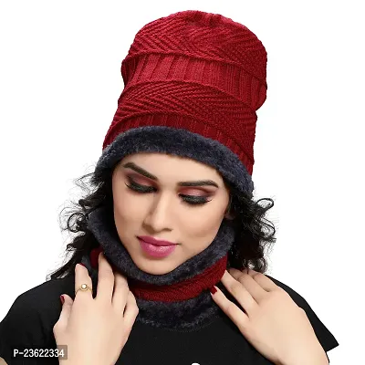 Satya Sita Winter Knit Neck Warmer Scarf and Set Skull Cap for Men Women/Winter Cap for Women (2 Piece Combo) Red-thumb0