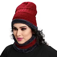Satya Sita Winter Knit Neck Warmer Scarf and Set Skull Cap for Men Women/Winter Cap for Women (2 Piece Combo) Red-thumb2