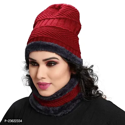 Satya Sita Winter Knit Neck Warmer Scarf and Set Skull Cap for Men Women/Winter Cap for Women (2 Piece Combo) Red-thumb3