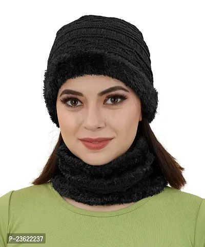 TATMIN Women Wool Knitted Balaclava Beanie Cap for Winter Wear Free Size (Balaclava Beanie Cap) (Black)-thumb0