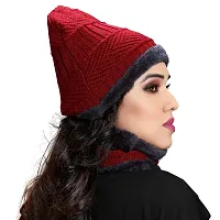 Satya Sita Winter Knit Neck Warmer Scarf and Set Skull Cap for Men Women/Winter Cap for Women (2 Piece Combo) Red-thumb1