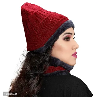 Satya Sita Winter Knit Neck Warmer Scarf and Set Skull Cap for Men Women/Winter Cap for Women (2 Piece Combo) Red-thumb2