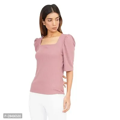 EcoLove Women's Square Neck Elbow Length Regular Fit Plain Casual Solid Viscose Top-thumb2