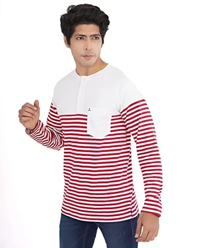 CARBON BASICS Men's Regular Fit Striped Henley T-Shirt Full Sleeves