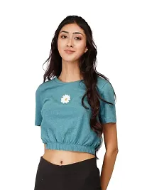 EcoLove Women's Round Neck Cotton Half Sleeves Regular Fit Crop Top with Bottom Elastic-thumb2