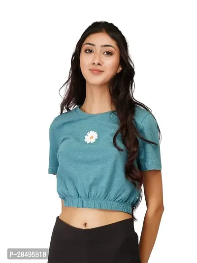 EcoLove Women's Round Neck Cotton Half Sleeves Regular Fit Crop Top with Bottom Elastic-thumb3