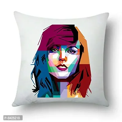 MG Brand Taylor Swift Satin Cushion Cover with Filler (White, 16x16 Inch, 40x40 cms,) MG-DCC235-thumb0