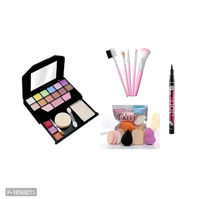 Women's  Girl's TYA Fashion Mini 5024 Multicolour Makeup Kit and 5 Pink Makeup Brushes Set, 6 Sponges Pack and 1 YANQINA Liquid Eyeliner - (Pack of 13)-thumb0