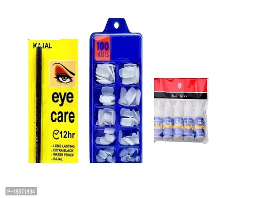 ADS KAJAL EYE CARE LONG LASTING 12HR, (PACK OF - 1) + 100 ARTIFICIL AILS + 5 NAILS GLUESFOR NAIL ART