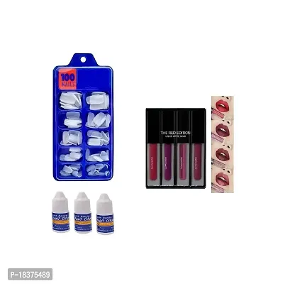 100 ARTIFICIAL NAILS + 3 NAILS GLUE + 4X1 MATTE RED LIQUID LIPSTICK-thumb0