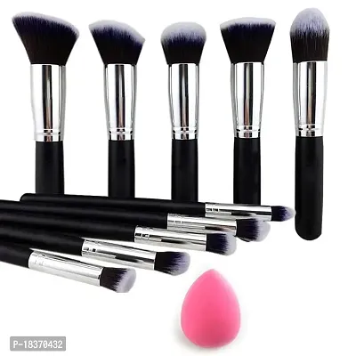 Women's  Girl's 10 Pcs Black Multipurpose Makeup Brushes Set with 1 Pink Beauty Blender - (Pack of 11)